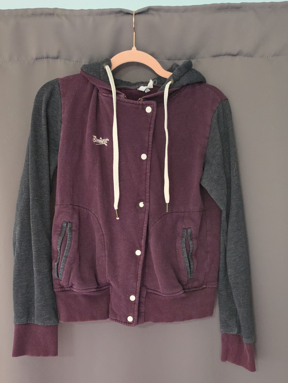 Spirit Two-Tone Hooded Varsity Jacket in Burgundy and Charcoal